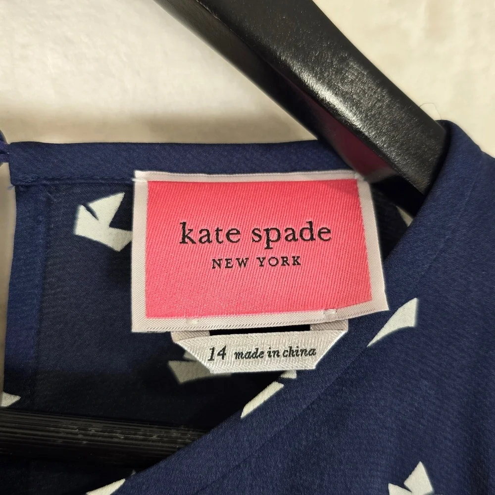 Kate Spade Paper Boats Midi Dress Navy Blue Pebbled Satin Sleeveless Size 14